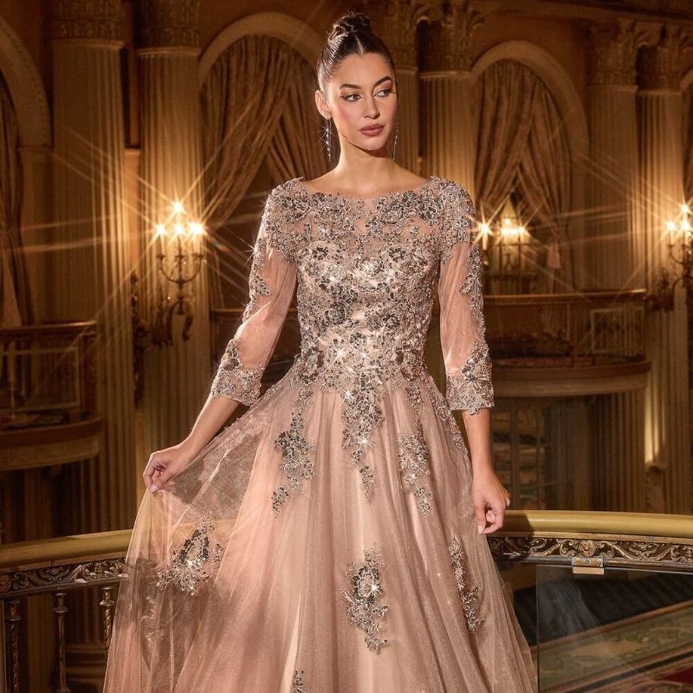 New Formal Tulle Lace Embroidered Maxi Gown w/ 3/4 Sleeves & V-Back CD J883